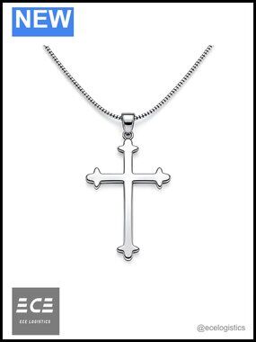 Silver Plated Copper Fleur-de-Lis Cross Necklace Cuban Chain 22+2"